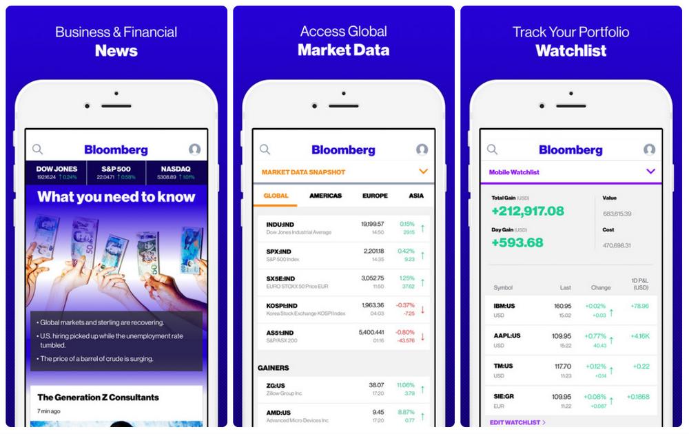 several screenshots of Bloomberg's cross-platform app built with React Native