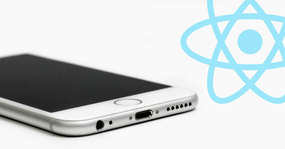 iPhone with a React Native logo on the background