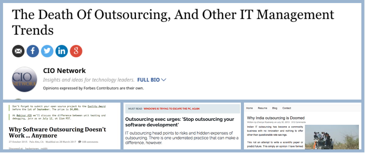 screenshots of articles claiming that software outsourcing is broken