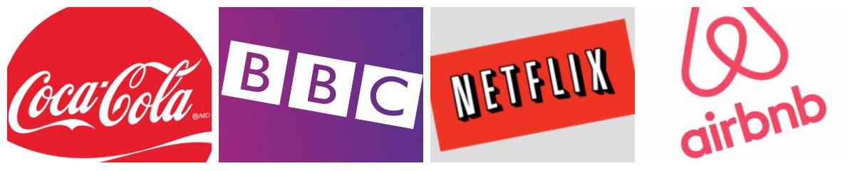 serverless architecture case studies: logos of Coca-Cola, BBC, Netflix, and Airbnb