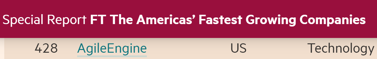screenshot from the Financial Times list with AgileEngine ranking #428