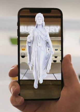 Burberry AR experience on mobile: a virtual Elphis statue seen via a smartphone app