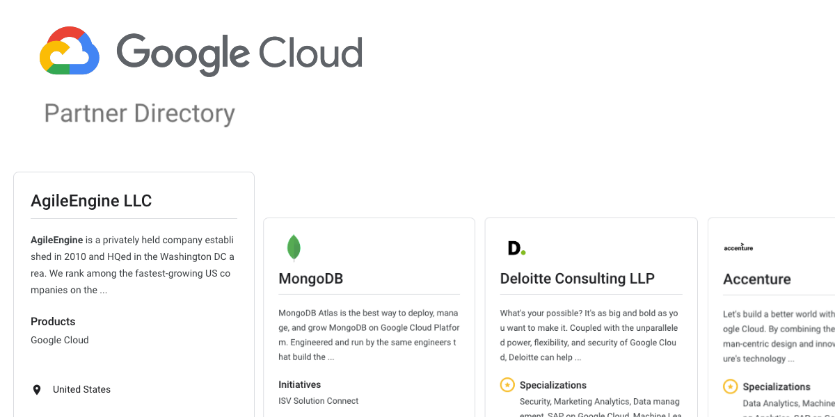 AgileEngine featured on the Google Cloud partner directory