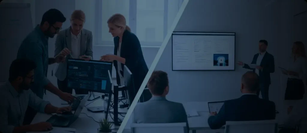 Two groups of people representing team dynamics in staff augmentation vs. project-based outsourcing