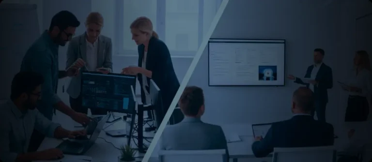 Two groups of people representing team dynamics in staff augmentation vs. project-based outsourcing