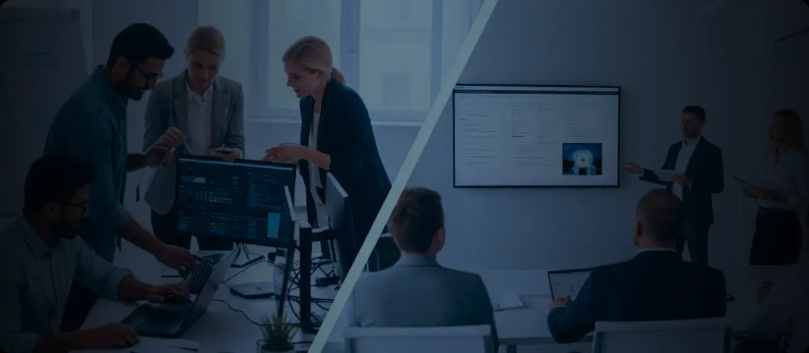 Two groups of people representing team dynamics in staff augmentation vs. project-based outsourcing