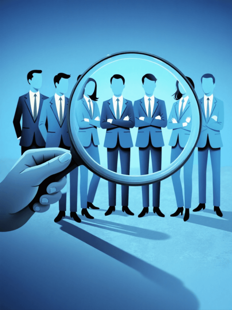 Hand with magnifying glass selecting a business professional among a group, representing choosing the right staffing partner.