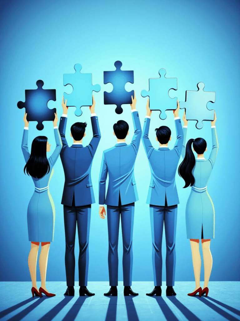 Team of people holding puzzle pieces, symbolizing onboarding and effective collaboration with augmented staff