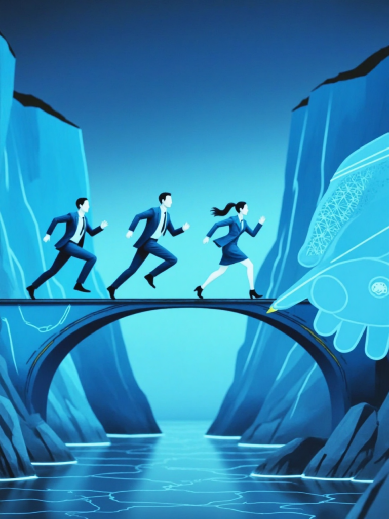 Business professionals crossing a gap on a hand-drawn bridge symbolizing staff augmentation bridging talent shortages.