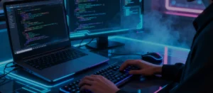 Remote developer writing code on a typical software development setup with a laptop and an external monitor