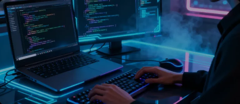 Remote developer writing code on a typical software development setup with a laptop and an external monitor