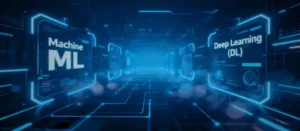 An infographic illustrating an ML vs DL comparison, showing conceptual representations of both technologies.