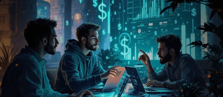 Illustration of experts calculating software development costs in 2025 with laptops and dollar icons