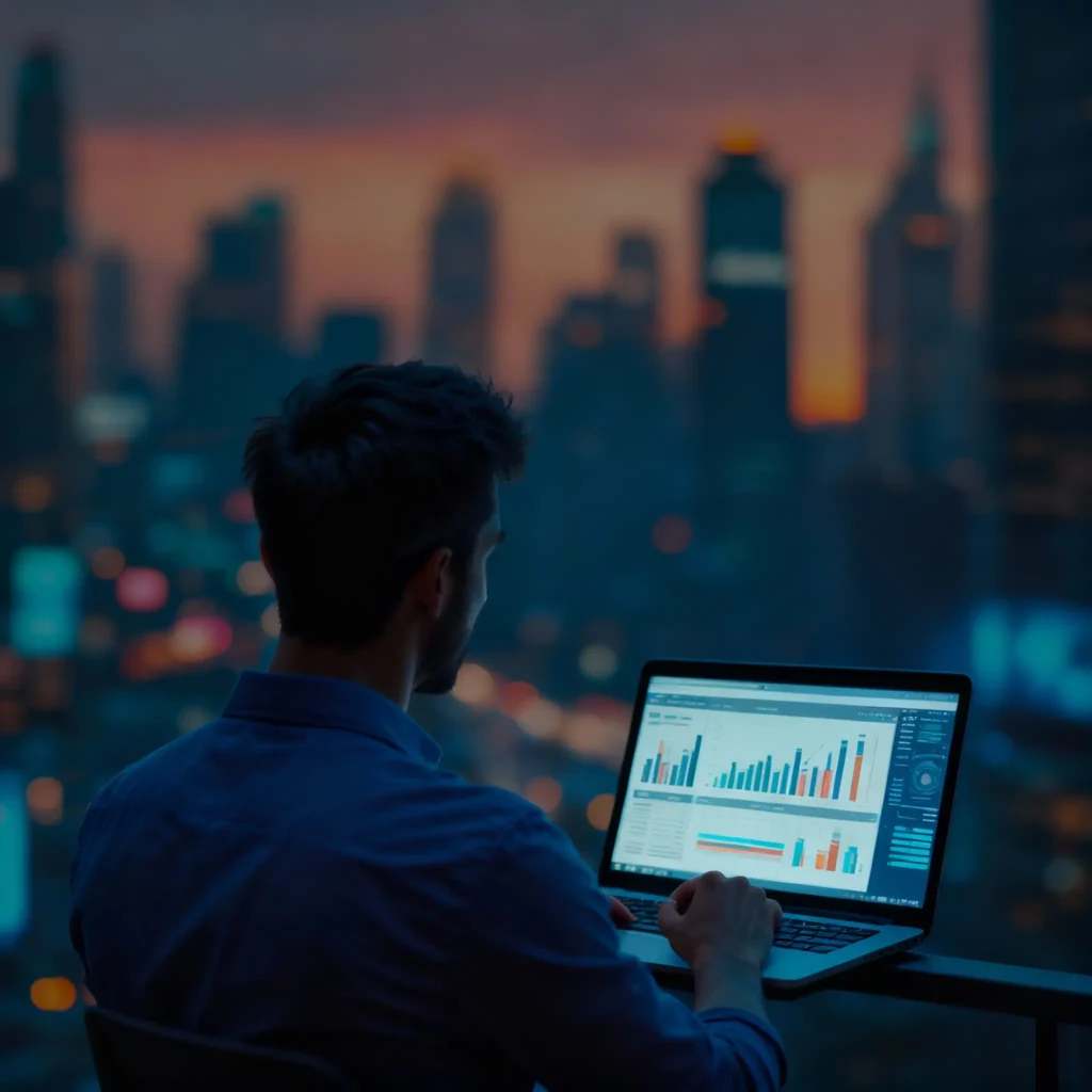 Illustration of a person analyzing data charts and graphs on a laptop, representing data analysis and business analytics