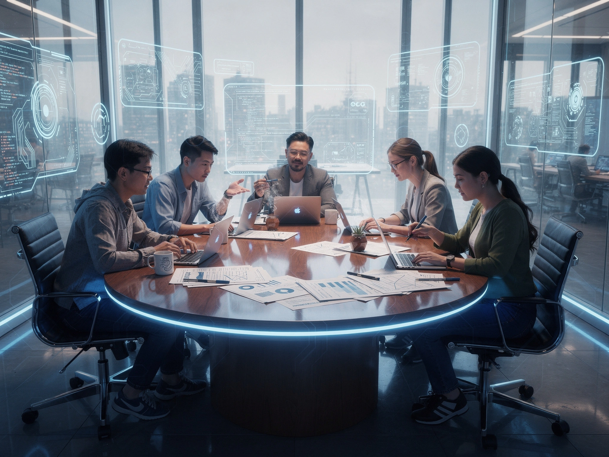 A software development team working at a round table with laptops, documents, charts, and coffee, representing that each one has a role and they support each other.