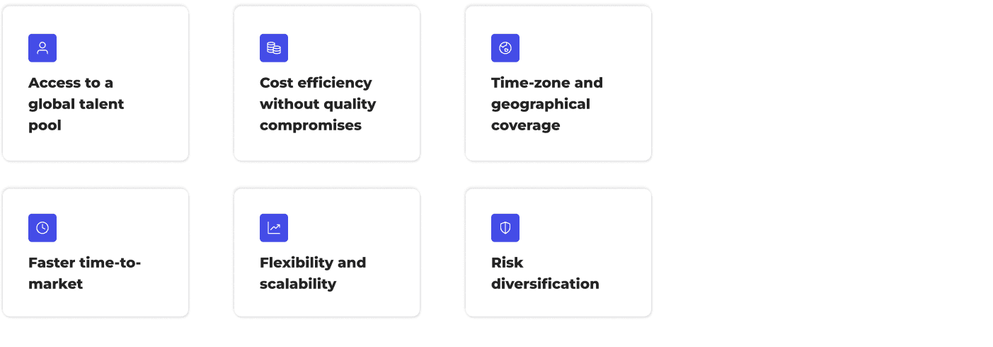 Summary of the main advantages of staff augmentation: top talent, speed and cost efficiency boost, scalability, time zone coverage, and risk reduction