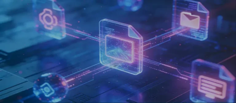 An abstract representation of AI, LLMs, and LMMs working with images, music, and video files