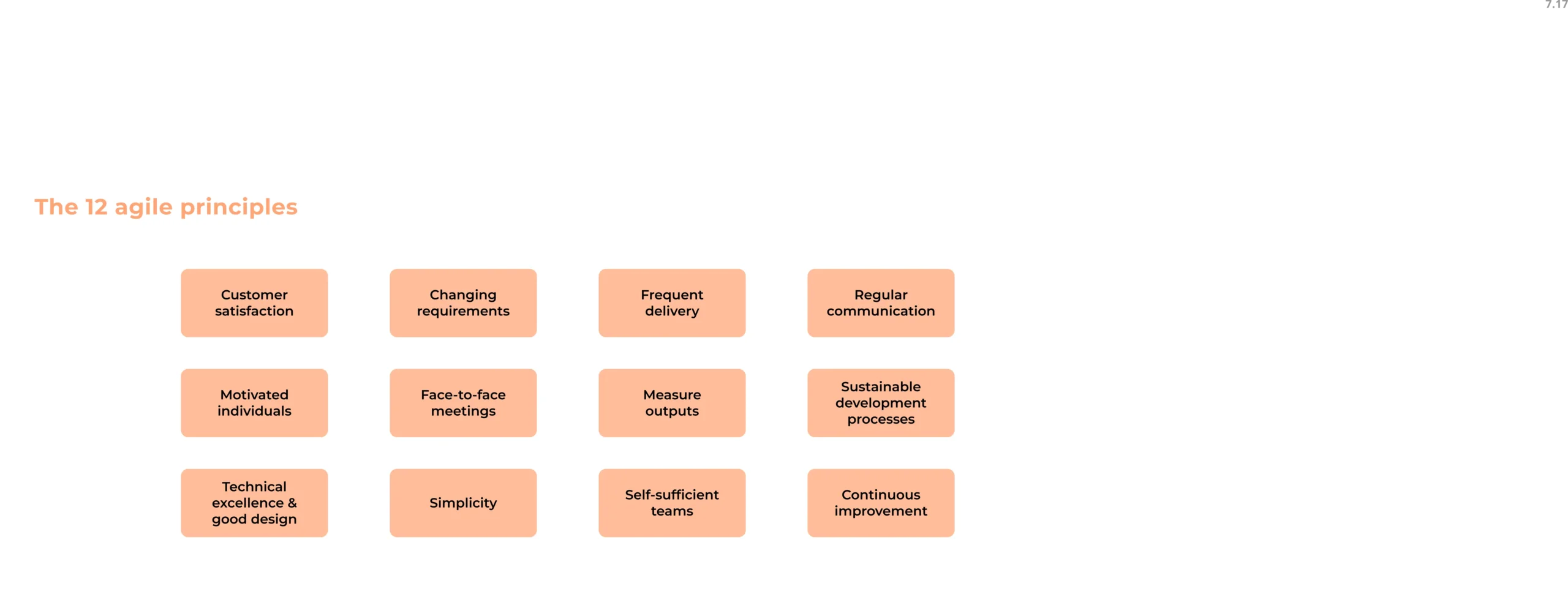 Overview of the 12 Agile principles defining iterative delivery, collaboration, and adaptability.