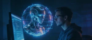 Developer working seated in front of a computer monitor, with AI represented as an orb in the background