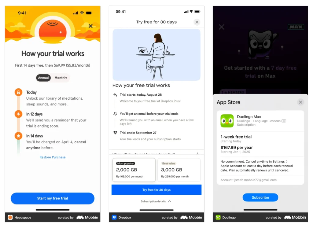Screenshots from the Headspace, Dropbox, and Duolingo apps showcasing free trial screens