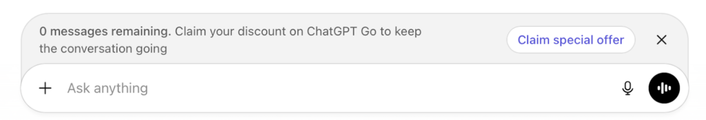 ChatGPT dialog screen showing the user has reached the limit on free access to premium models