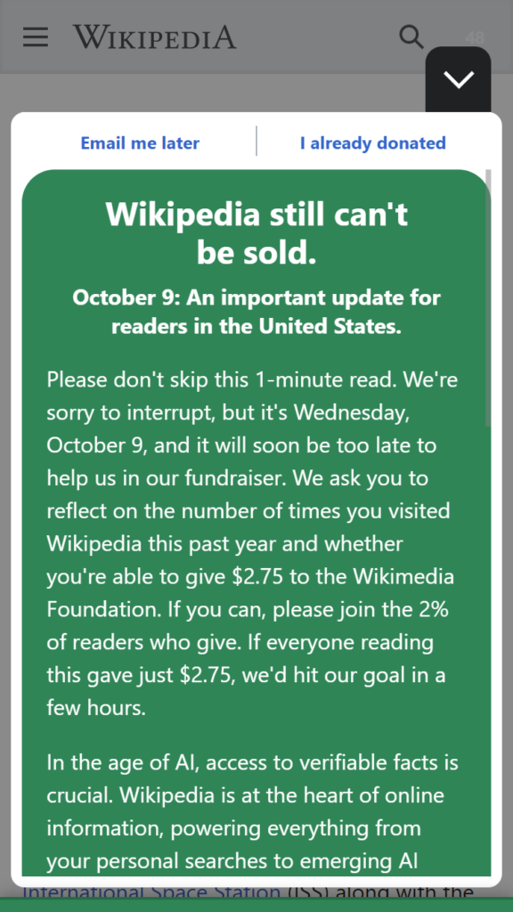 Screenshot from the Wikipedia mobile app featuring a fundraiser campaign message requesting a $2.75 donation