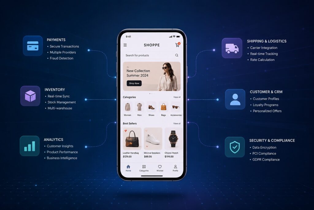 Smartphone displaying e-commerce app UI with layered data flows, API connections, and digital commerce ecosystem elements.