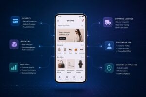 Smartphone displaying e-commerce app UI with layered data flows, API connections, and digital commerce ecosystem elements.