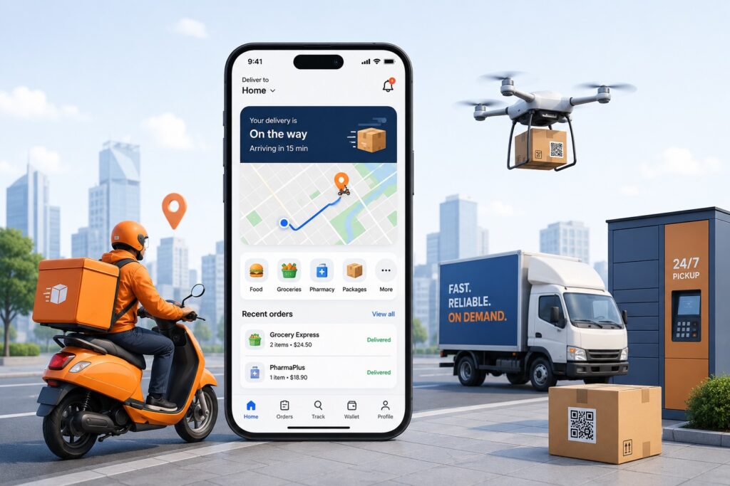 A on-demand delivery app development illustration displaying a scooter courier, delivery truck, autonomous drone, and package containers