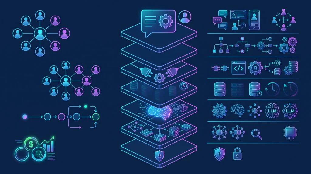 Seven-layer enterprise architecture diagram showing how to build an AI agent from interface to security governance.