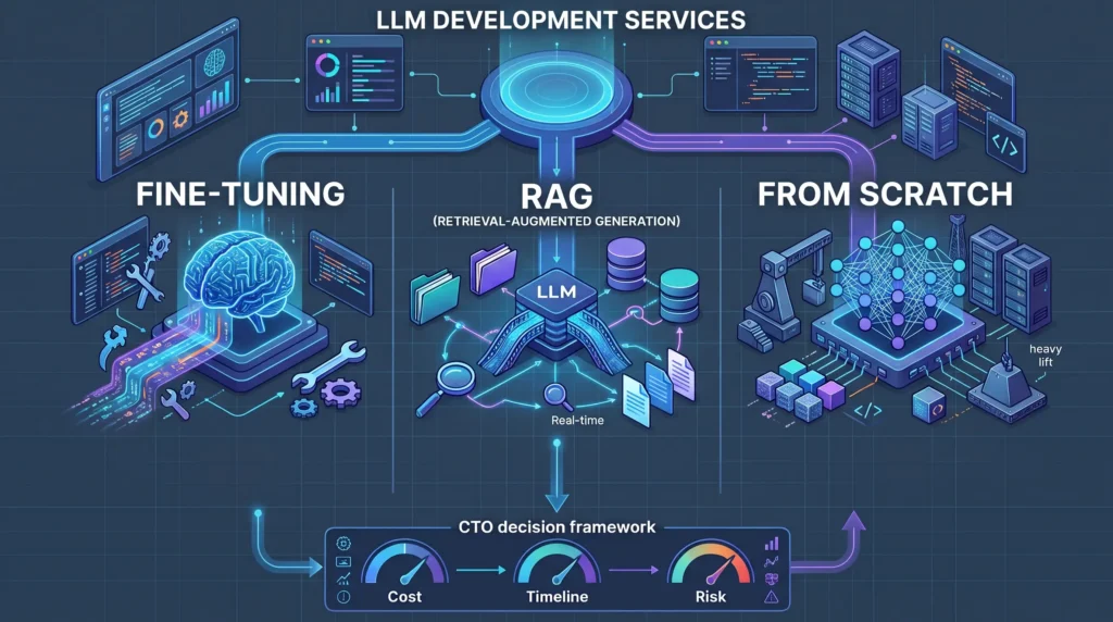 LLM development services comparison chart illustrating fine-tuning, RAG, and building from scratch approaches.