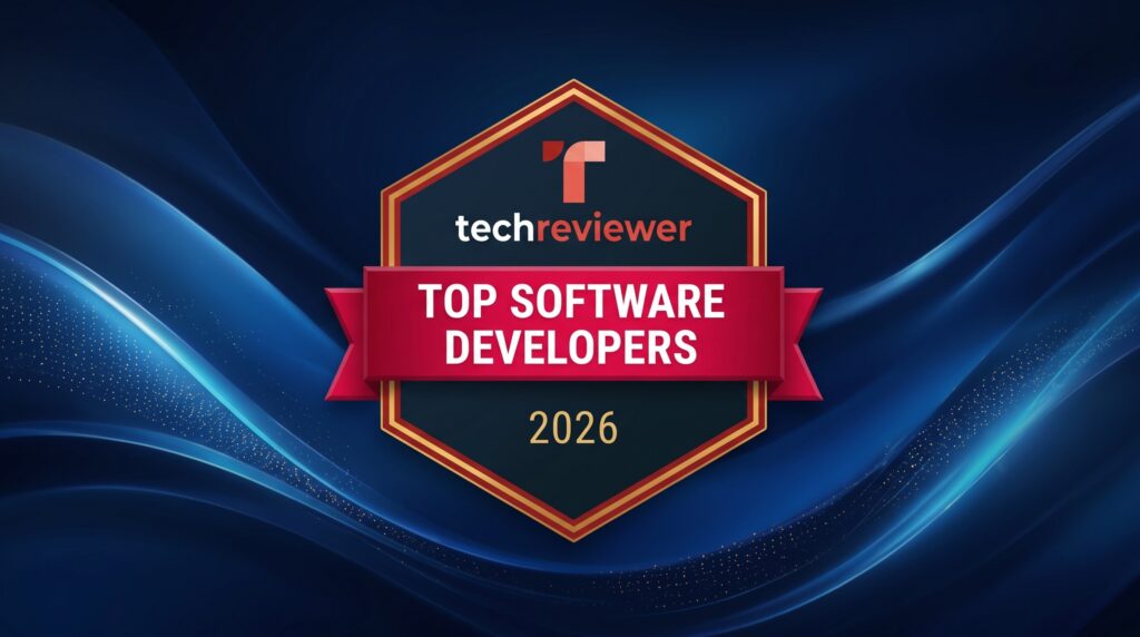 A Techreviewer 2026 award badge for "Top Software Developers" on a dark blue background with gold trim and a red ribbon
