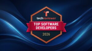 A Techreviewer 2026 award badge for "Top Software Developers" on a dark blue background with gold trim and a red ribbon