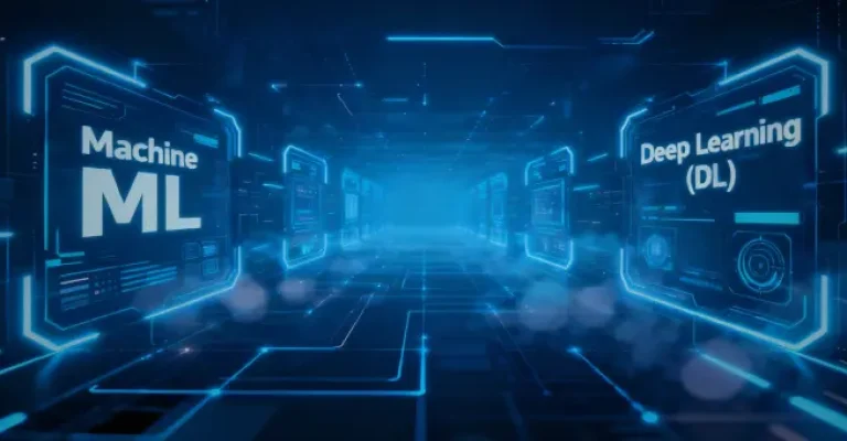 An infographic illustrating an ML vs DL comparison, showing conceptual representations of both technologies.