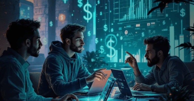 Illustration of experts calculating software development costs in 2025 with laptops and dollar icons