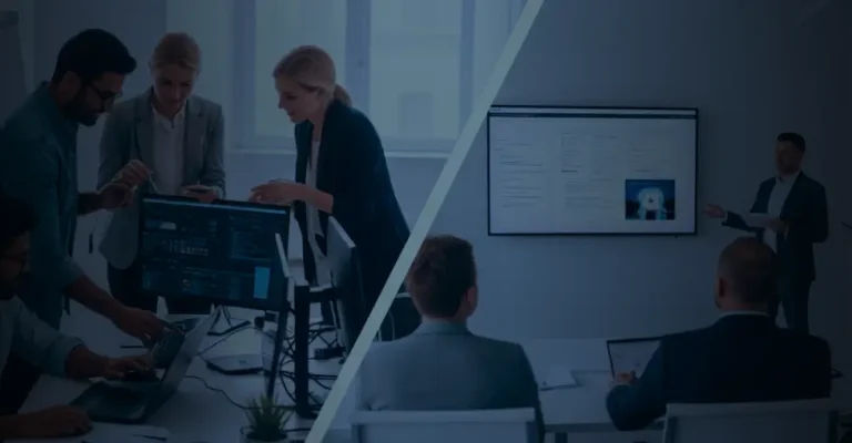 Two groups of people representing team dynamics in staff augmentation vs. project-based outsourcing