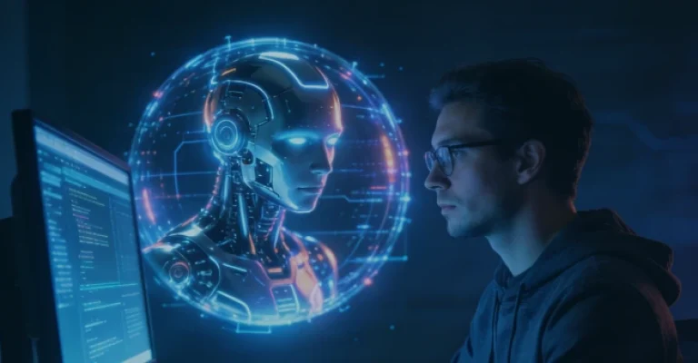 Developer working seated in front of a computer monitor, with AI represented as an orb in the background